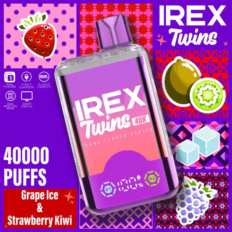 Strawberry kiwiGrape Ice IREX TWINS 40K Puffs Strawberry kiwiGrape Ice IREX TWINS 40K Puffs